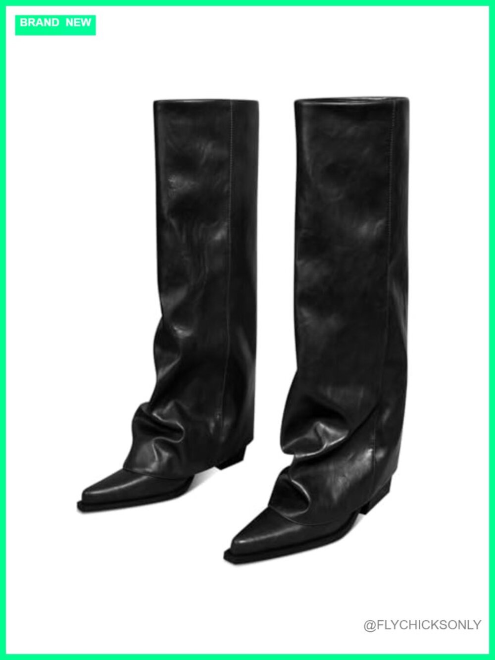 Fold Over Knee High Boots Wide Calf Chunky Heel Faux Leather